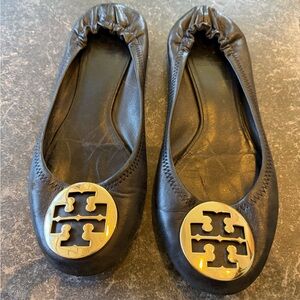 Tory Burch Black Leather Flats with Gold Logo